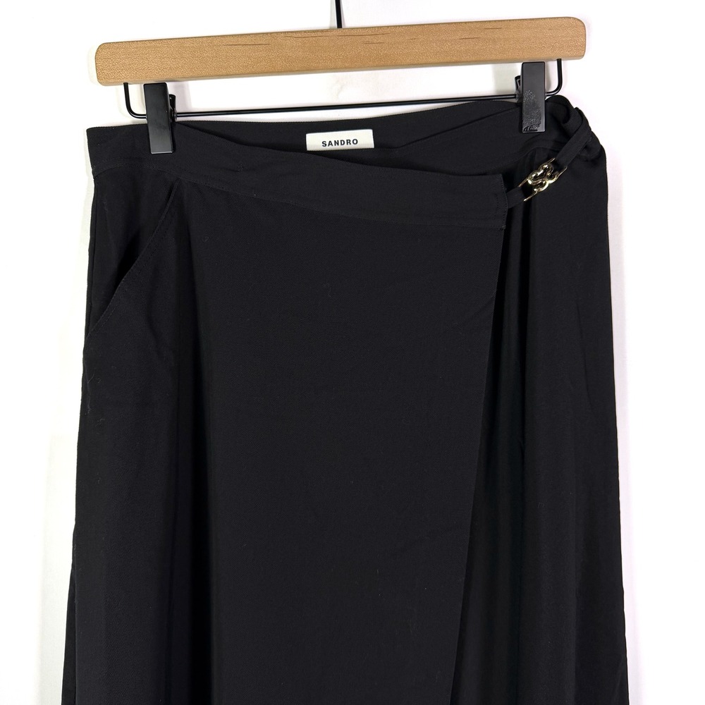 SANDRO Souvenir Skirt Black Wrap Maxi Gold Logo Detail Size 40 FR / 8 US - Picture 7 of 14
